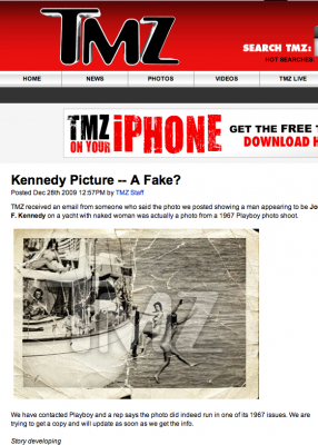 <p>La foto di Kennedy con quattro donne nude nella home di Tmz</p>